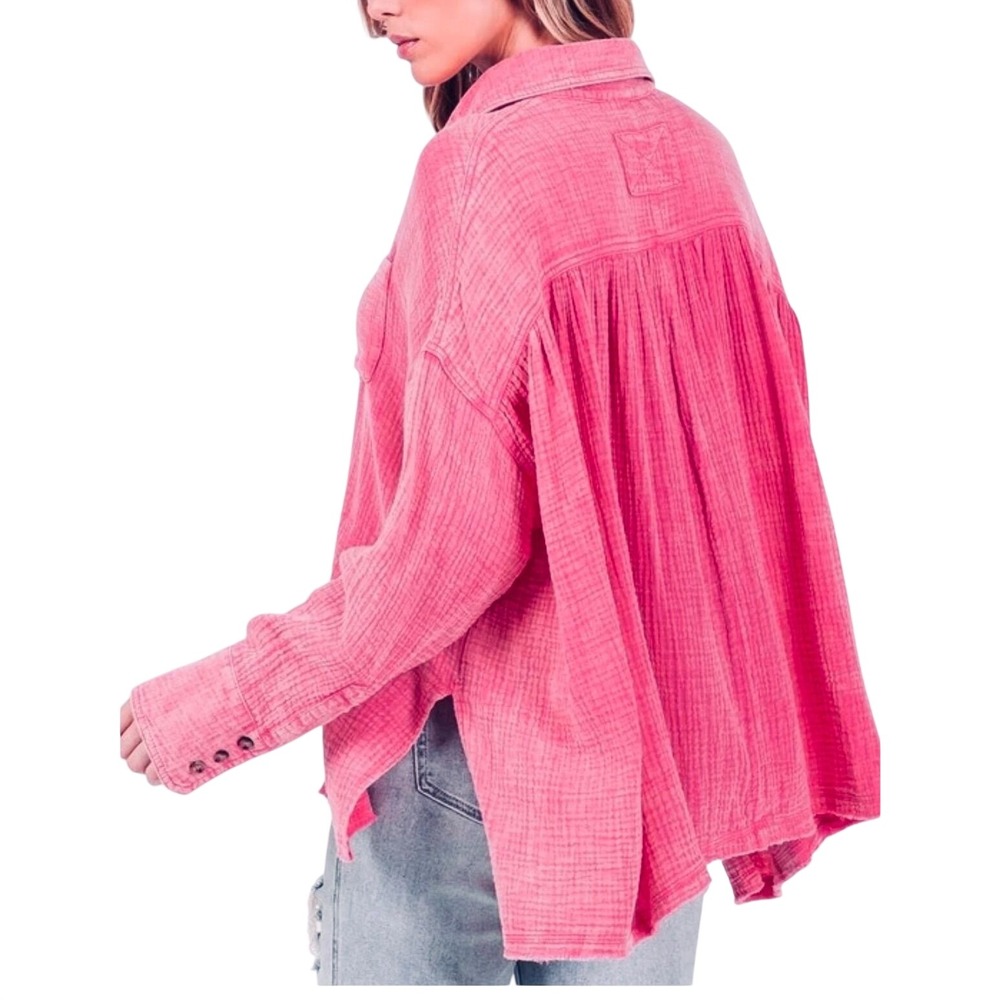 Sage + Fig Cotton Gauze Button Down Shirt Pink Women Oversized Small NWT